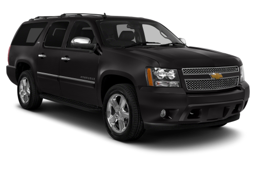 Black Chevrolet SUV with tinted windows and chrome wheels.