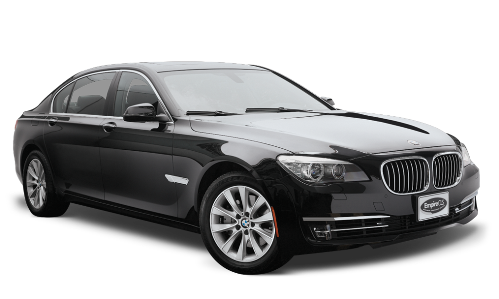 Sleek black luxury sedan with chrome accents and silver wheels.