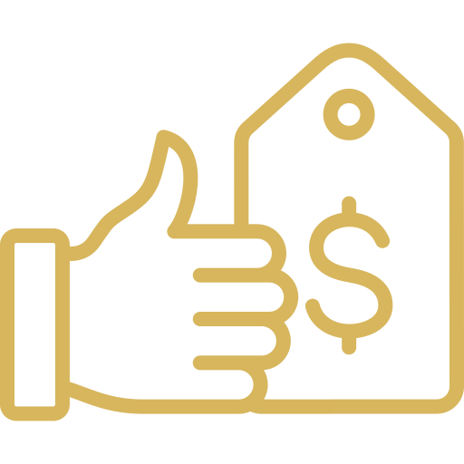 Thumbs up next to a price tag with a dollar sign.