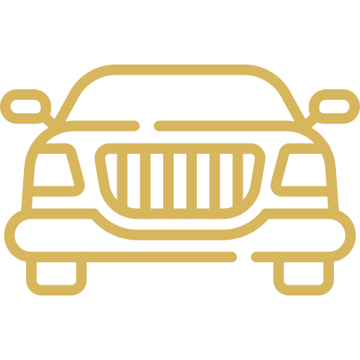 Stylized gold car front icon with grille and headlights.