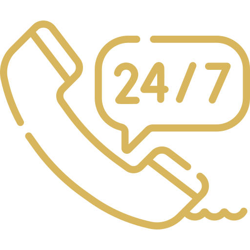 Gold phone icon with 24/7 service bubble.